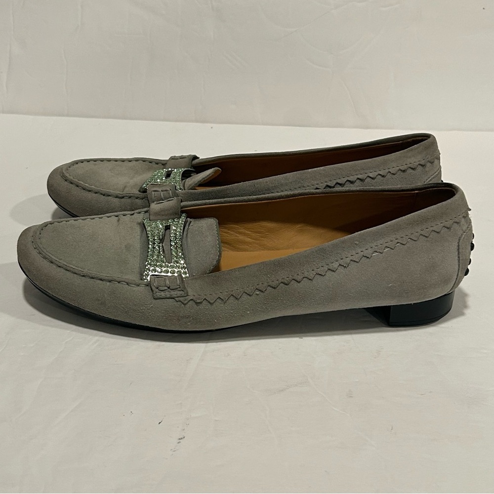 TOD’S Suede Leather Driving Loafers Rhinestone Crystal Buckle, Gray, Sz 9.5 - Picture 6 of 14